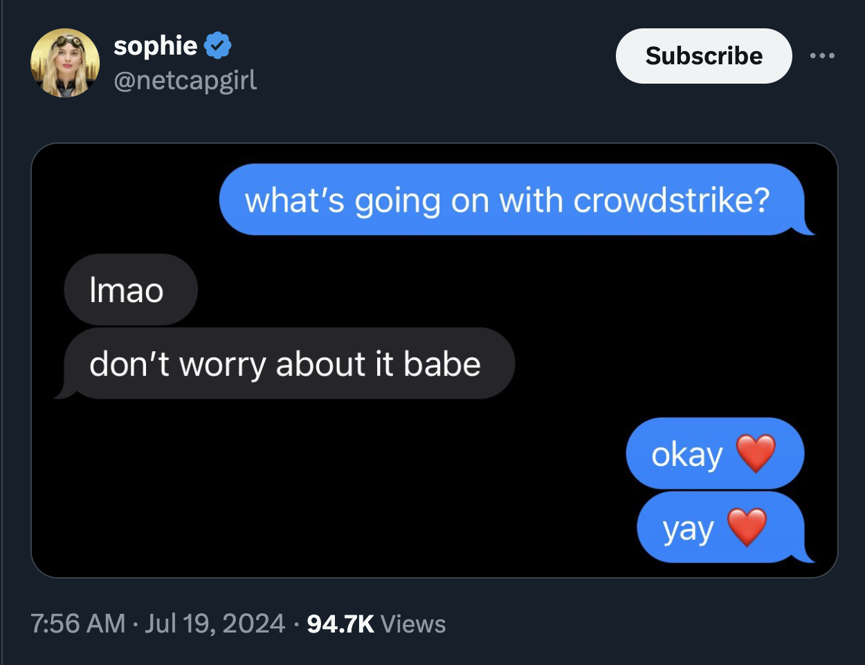 screenshot - sophie Subscribe Imao what's going on with crowdstrike? don't worry about it babe Views okay yay